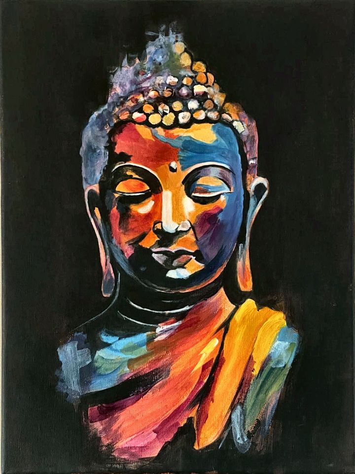 Vibrant multicoloured acrylic painting of Buddha on a black background