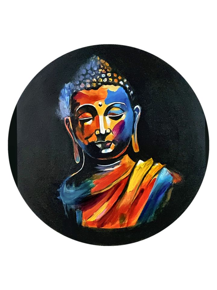 Colourful acrylic Buddha painted on a round black canvas