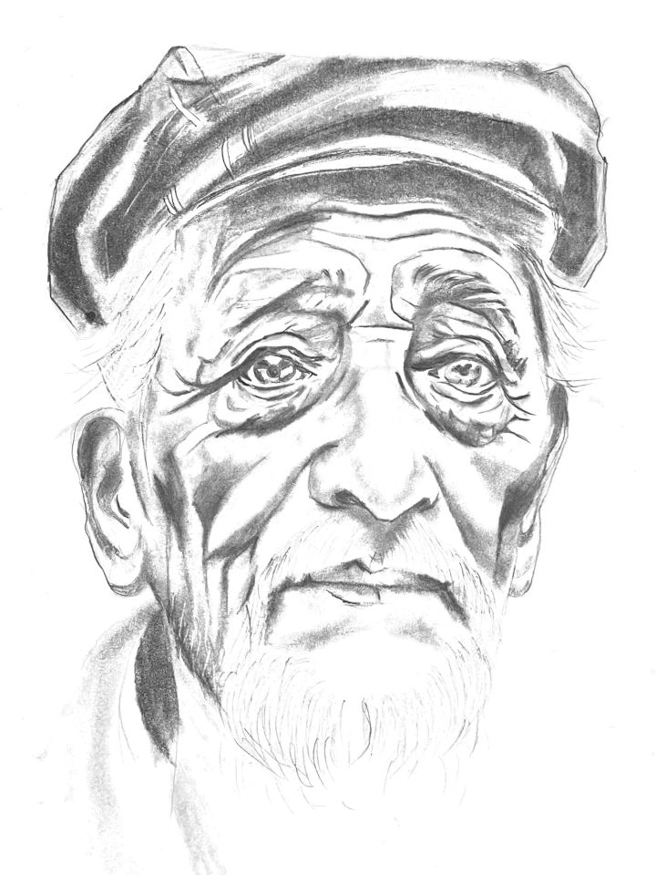 Graphite pencil portrait of an elderly man wearing a cap